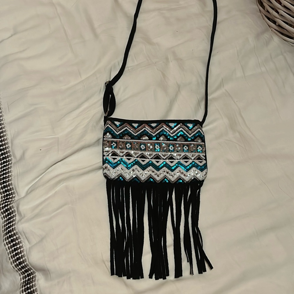 Justice vintage crossbody, full of sequins turquoise and silver-dazzling.